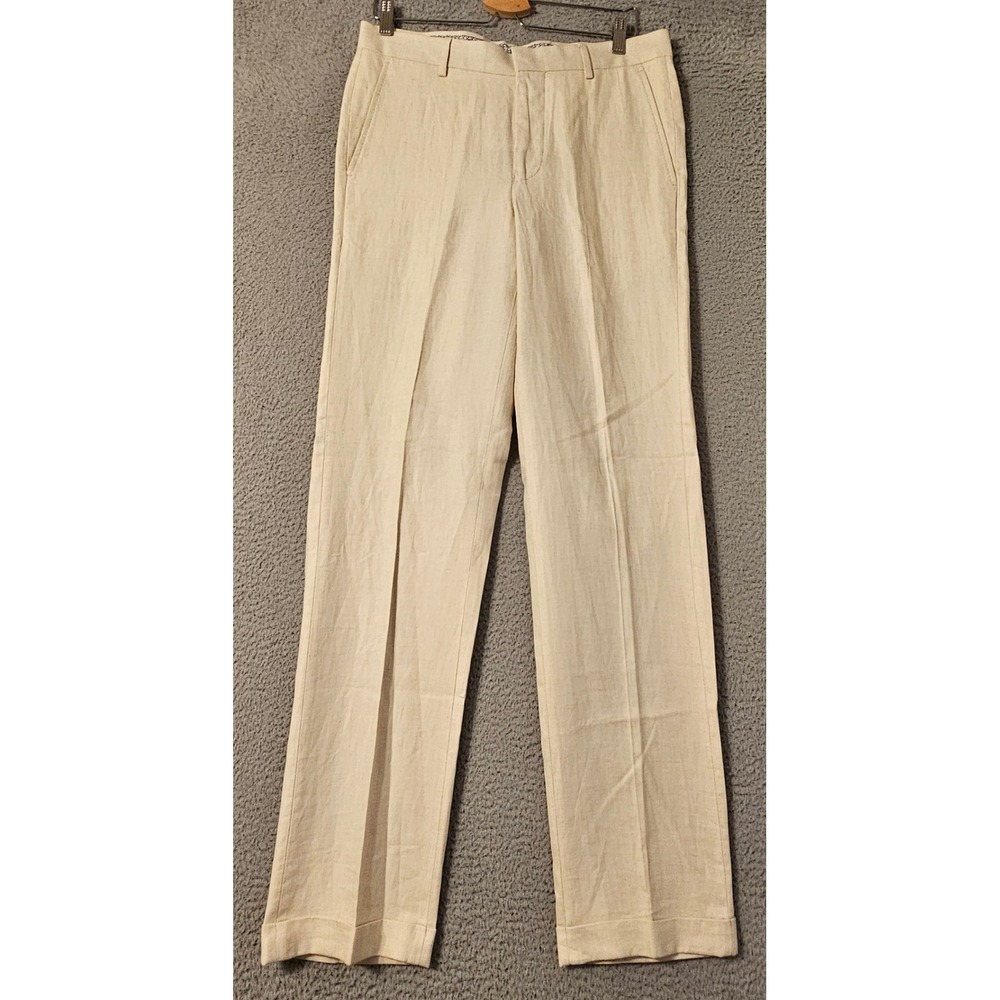 Murano Slim Fit Baird McNutt Linen Cotton Dress Pants Mens 32x34 Cream Trousers